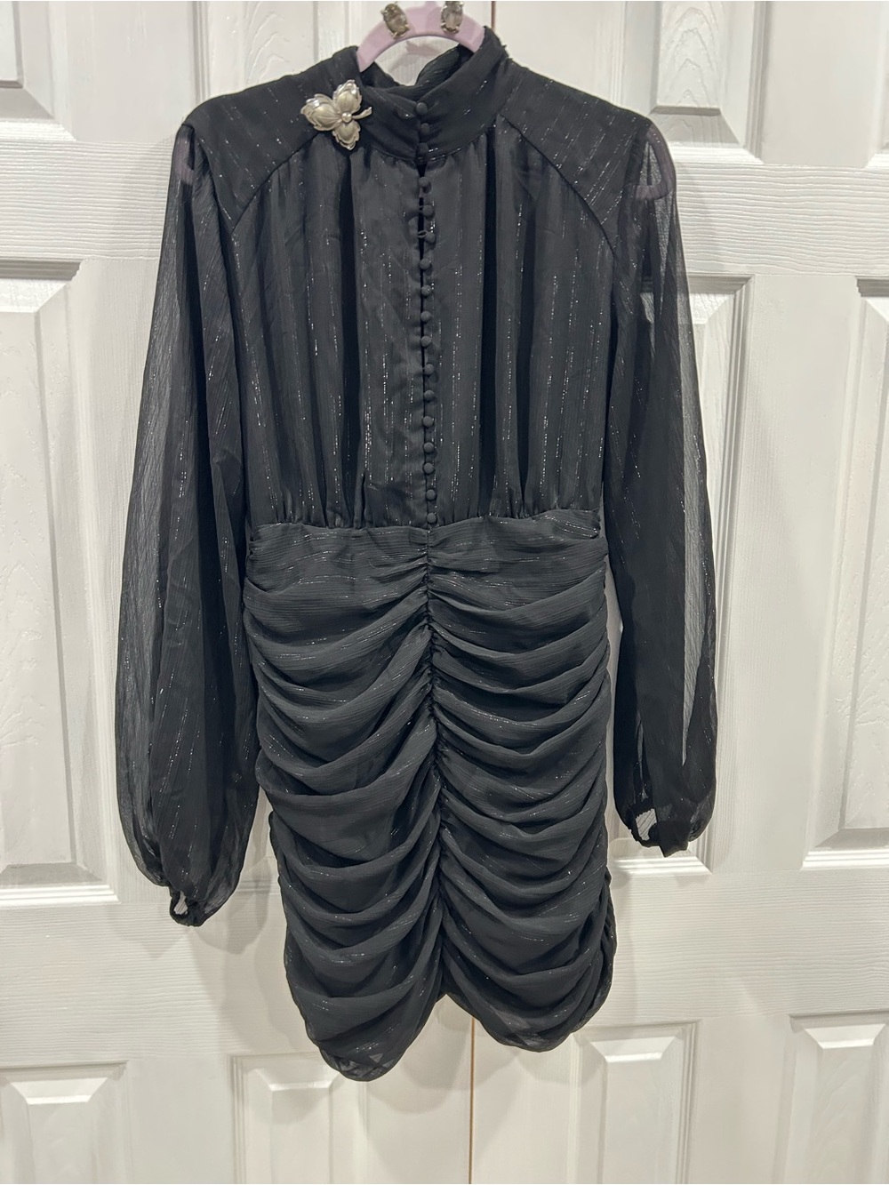 House of Harlow 1960 Black Sheer Button-Front Mini Dress w/ earrings and pin